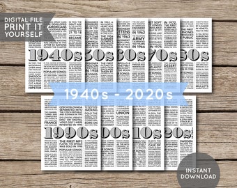 1940s to 2020s | 80 Years Decades in Review | Birthday Party Decor | Trivia History Facts - Printable PDF | INSTANT DOWNLOAD
