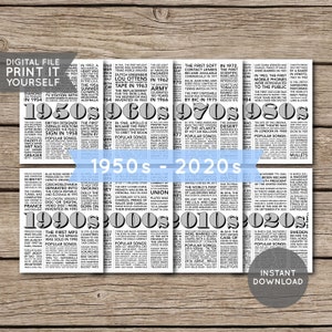 1950er bis 2020er Jahre | 70 Jahre Jahrzehnte im Rückblick | Geburtstagsparty Dekor | Trivia Geschichtliche Fakten - Druckbare PDF | SOFORTIGER DOWNLOAD