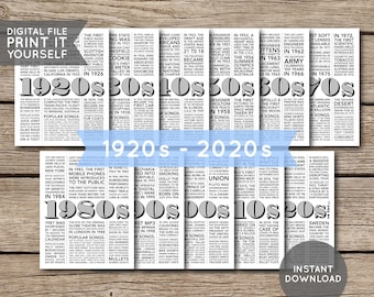 1920s to 2020s | 100 Years Decades in Review | Birthday Party Decor | Trivia History Facts - Printable PDF | INSTANT DOWNLOAD
