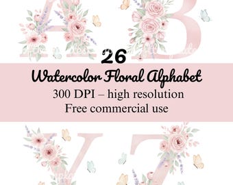 Clipart dell'alfabeto floreale ad acquerello, lettere a farfalla (download digitale)