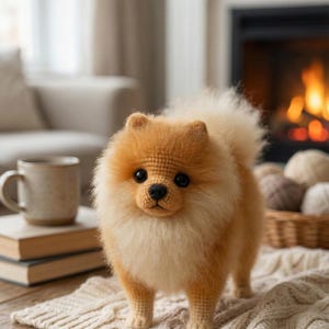 May include: A crocheted Pomeranian dog with orange and cream-colored fur. The handmade dog has black eyes and a black nose. It stands on a cream-colored knitted blanket on a wooden table. A mug and books are in the background.