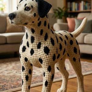May include: A handcrafted crochet Dalmatian dog figurine. The dog features a cream-colored body with black spots and accents. The ears and top of the head are black. The dog is standing on all fours, showcasing its detailed crochet texture.