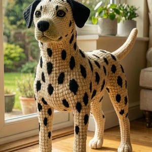 May include: A handcrafted crochet Dalmatian dog sculpture. The dog features a cream-colored body with black spots, black ears, and a black nose. The dog is standing on four legs and has a tail. The sculpture is approximately 24 inches tall.