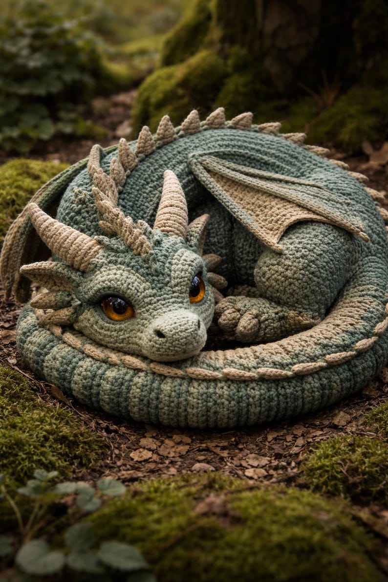 May include: A crocheted dragon in shades of green and tan, curled up on a bed of moss and leaves. The dragon has large, amber-colored eyes, horns, and wings. The handmade fantasy creature is a decorative item.