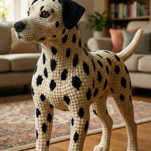 May include: A handcrafted, beige and black crochet Dalmatian dog sculpture. The dog has black spots, ears, and a nose. The sculpture is standing on a wooden floor. The dog is a decorative item.