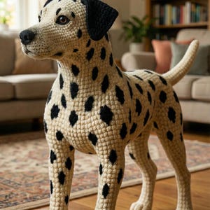 May include: A handcrafted crochet Dalmatian dog figurine. The dog features a cream-colored body with black spots and accents. The ears and top of the head are black. The dog is standing on all fours, showcasing its detailed crochet texture.