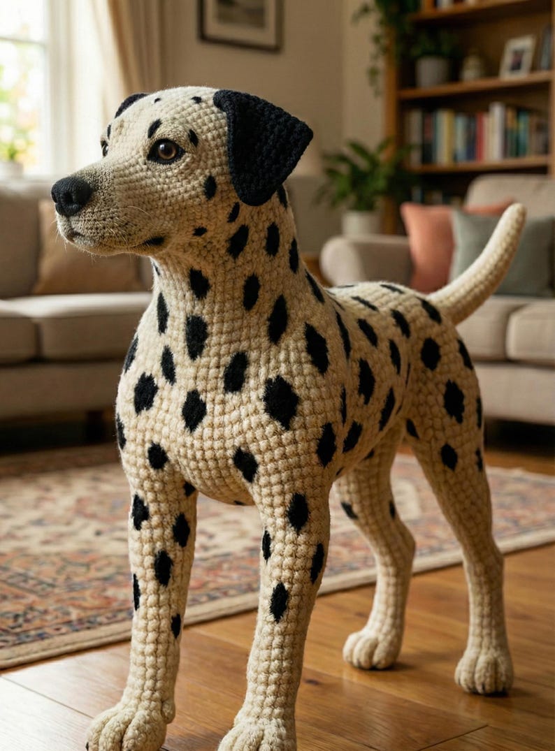 May include: A handcrafted, beige and black crochet Dalmatian dog sculpture. The dog has black spots, ears, and a nose. The sculpture is standing on a wooden floor. The dog is a decorative item.