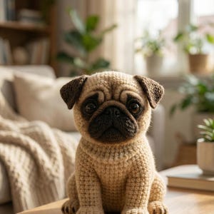 Può includere: Figurina di carlino all'uncinetto in beige e marrone, seduta su un tavolo di legno. Il cane fatto a mano ha occhi marroni scuri, naso nero e orecchie flosce. Il carlino è un oggetto decorativo.
