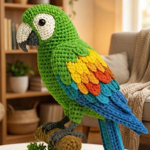 May include: A colourful, crocheted parrot sculpture in shades of green, yellow, orange, and blue. The bird is perched on a brown branch with green foliage. The parrot has a white face, black beak, and black eyes. A decorative item.
