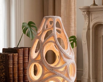 Gehaakt lampenkappatroon, moderne verlichting hoes pdf, boho home decor tutorial, sculpturale lantaarn haakpatroon, sfeerlichtontwerp