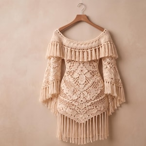 May include: Off-the-shoulder crochet dress in cream color, featuring intricate floral patterns and fringe detailing. The dress has long, bell sleeves and is displayed on a wooden hanger. A bohemian style garment.