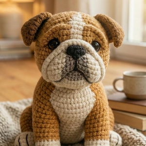 May include: A handcrafted crochet bulldog plush toy in shades of brown, cream, and black. The dog has a distinctive bulldog face, floppy ears, and is sitting on a textured blanket. A charming, soft sculpture.
