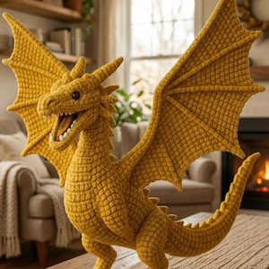 May include: A mustard yellow crochet dragon with large, detailed wings, sharp claws, and an open mouth revealing white teeth. The handmade fantasy creature is posed on a wooden table, showcasing its intricate texture and design. The dragon's wings are spread, and its tail is curled.