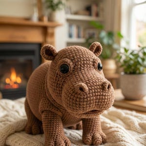 May include: A brown crocheted hippo toy with large black eyes, small ears, and a textured snout. The handmade plush animal is sitting on a cream-colored blanket. The hippo is a cute, cuddly toy.
