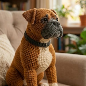 Puede incluir: Figura de perro b&oacute;xer de ganchillo en tonos marr&oacute;n, gris y crema, sentado en un sill&oacute;n beige. El perro tiene un hocico gris y un collar negro. El objeto hecho a mano es decorativo.