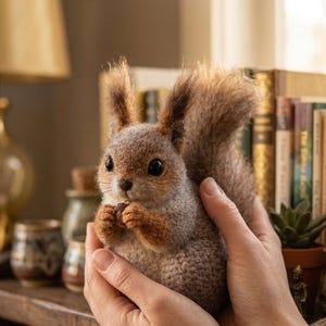 May include: A handcrafted, plush squirrel with a fluffy tail and large, dark eyes. The squirrel is holding a small nut in its paws. The squirrel is a light brown color with darker brown accents. The squirrel is a decorative item.