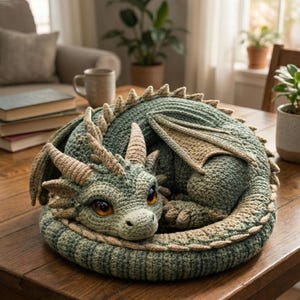 May include: A crocheted dragon sculpture in shades of green and tan, curled up on a wooden table. The dragon has detailed features, including horns, wings, and large orange eyes. The handmade fantasy art piece is a decorative item.