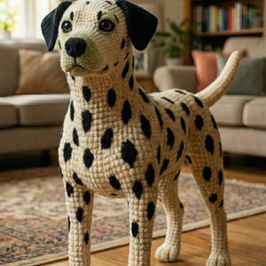 May include: A handmade crochet Dalmatian dog with black spots on a cream-colored body. The dog has black ears and a black nose. The crochet dog is standing on a wooden floor in a living room setting.