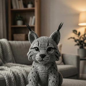 Op de afbeelding: Een handgemaakte gehaakte lynx figuur in grijstinten. Het pluche dier heeft gedetailleerde kenmerken, waaronder puntige oren met zwarte plukjes, donkere ogen en een getextureerd lichaam. Het zit op een grijs oppervlak, met een bank en een boekenplank op de achtergrond.