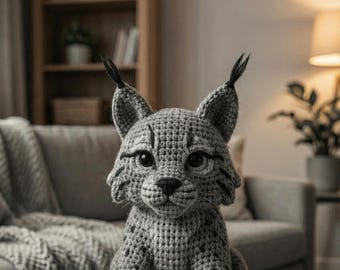 タフス編みの編みぐるみパターン、編みぐるみのオオヤマネコ、大きな猫