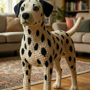 May include: A handmade crochet Dalmatian dog with black spots on a cream-colored body. The dog has black ears and a black nose. The crochet dog is standing on a wooden floor in a living room setting.