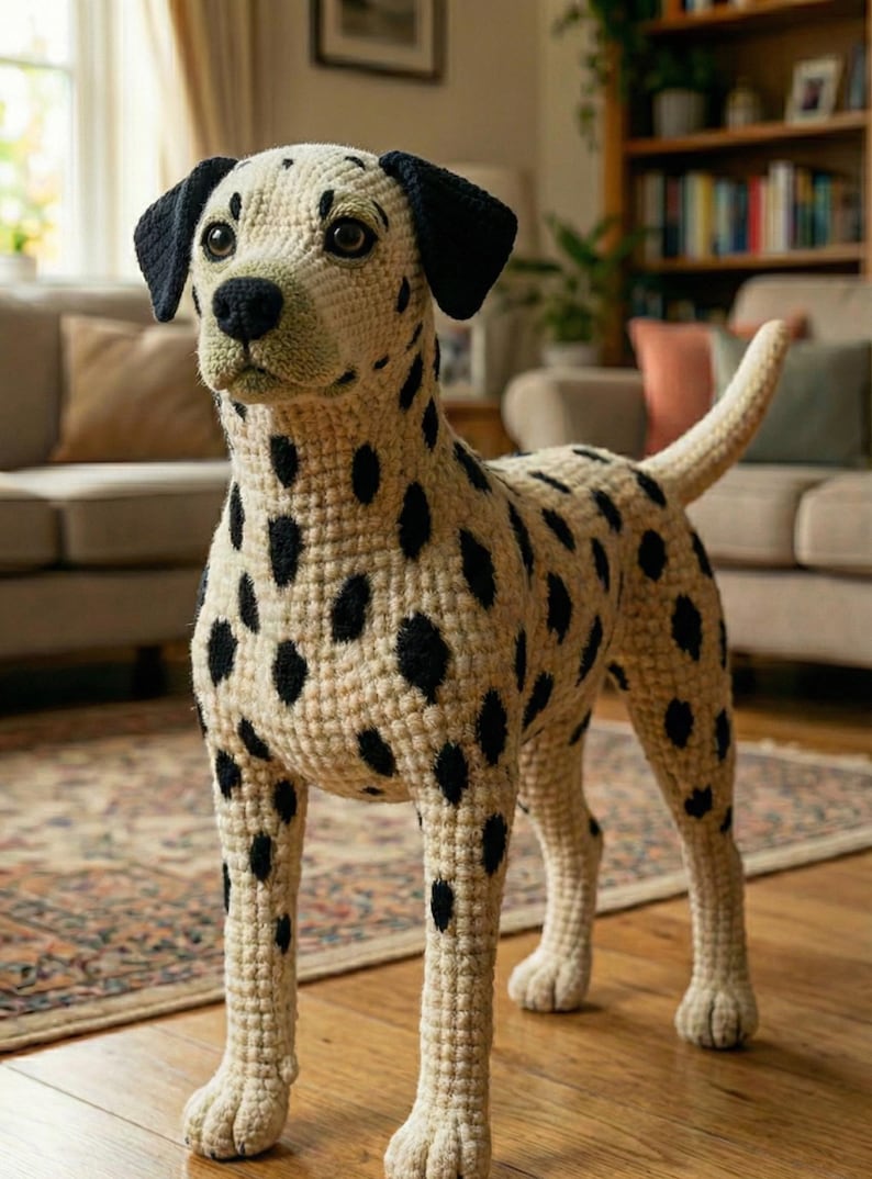 May include: A handmade crochet Dalmatian dog with black spots on a cream-colored body. The dog has black ears and a black nose. The crochet dog is standing on a wooden floor in a living room setting.