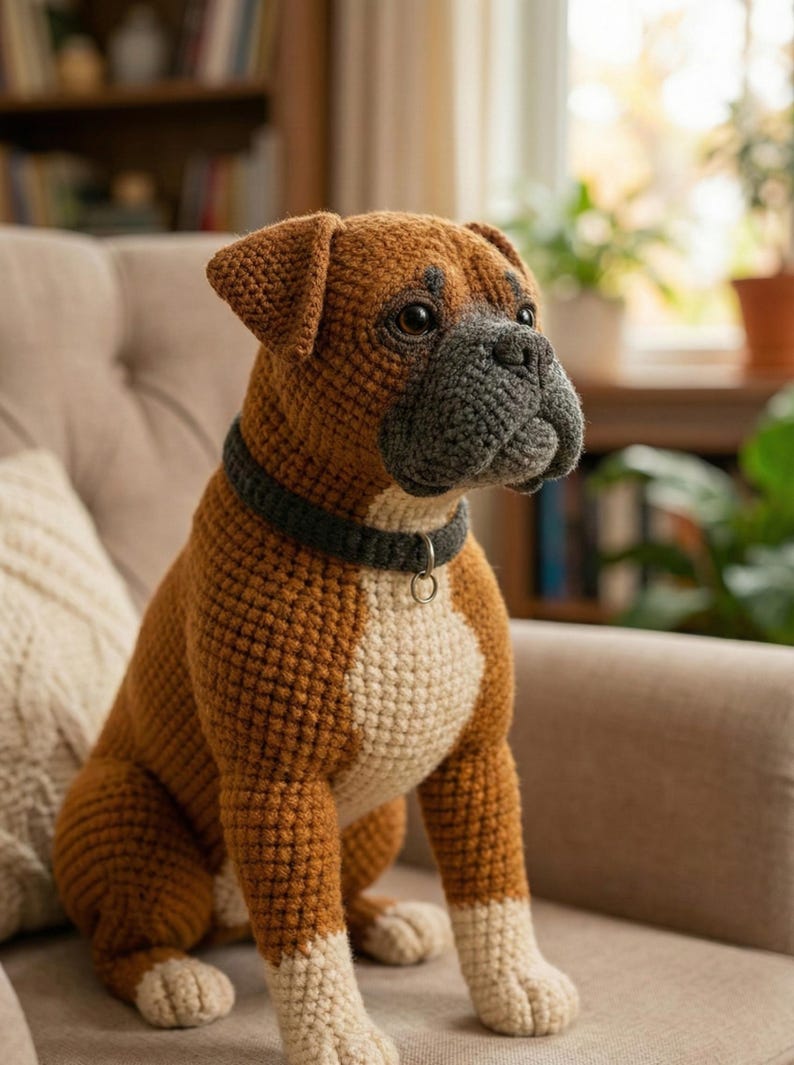 Puede incluir: Figura de perro b&oacute;xer de ganchillo en tonos marr&oacute;n, gris y crema, sentado en un sill&oacute;n beige. El perro hecho a mano tiene un collar negro y una apariencia realista, mostrando un detallado trabajo de ganchillo.