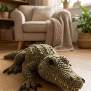 May include: A large, olive green crocheted alligator toy with black button eyes and white teeth lies on a wooden floor. The handmade reptile has detailed scales and claws, and is positioned in a relaxed pose.