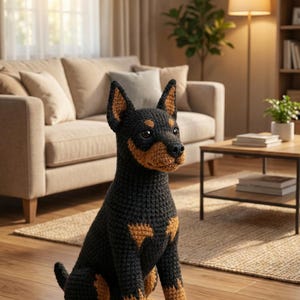 Op de afbeelding: Een handgemaakt gehaakt hondenbeeldje in een zittende positie. De hond heeft een zwart lichaam met bruine markeringen op de poten, borst en gezicht. Het heeft puntige oren en een gedetailleerde snuit. Het beeldje staat op een houten vloer.