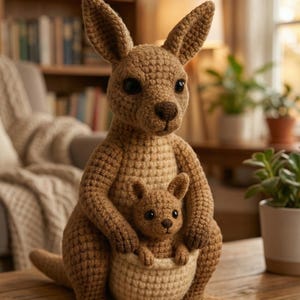 May include: A handmade crochet kangaroo and joey in shades of brown. The larger kangaroo has long ears and a pouch holding a smaller joey. The soft sculpture is displayed on a wooden table, with a blurred background of a room.