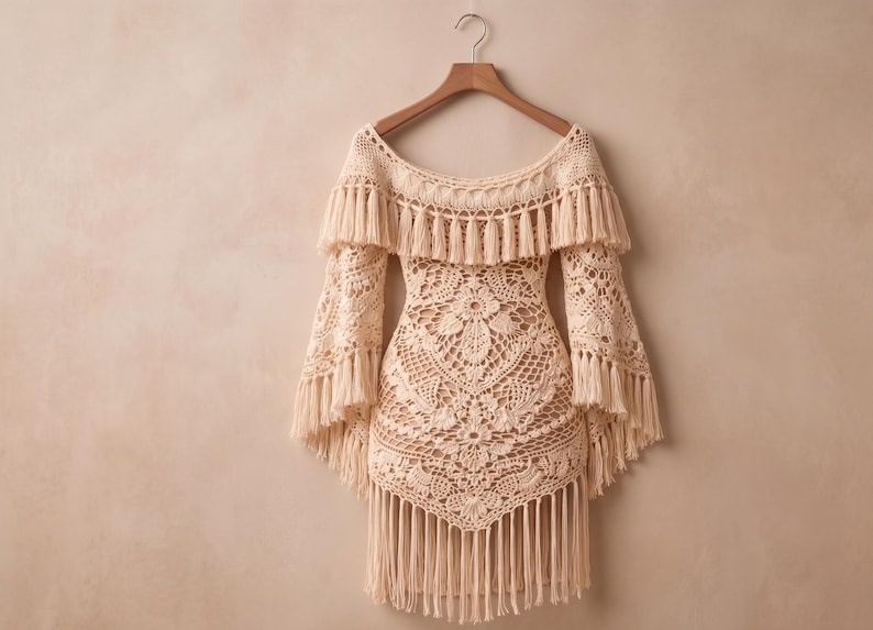 May include: Off-the-shoulder crochet dress in cream color, featuring intricate floral patterns and fringe detailing. The dress has long, bell sleeves and is displayed on a wooden hanger. A bohemian style garment.