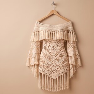 May include: Off-the-shoulder crochet dress in a cream color. The dress features a floral pattern on the bodice and long, flared sleeves. The neckline and sleeves are adorned with fringe, and the dress hangs from a wooden hanger.