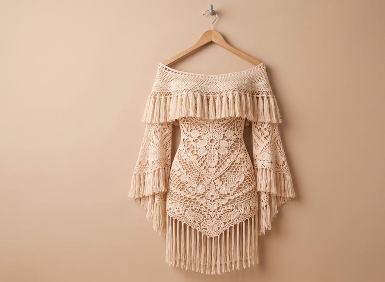 May include: Off-the-shoulder crochet dress in a cream color. The dress features a floral pattern on the bodice and long, flared sleeves. The neckline and sleeves are adorned with fringe, and the dress hangs from a wooden hanger.