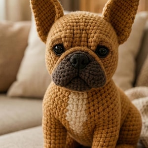 Op de afbeelding: Een handgemaakte gehaakte Franse bulldog hond in bruin- en beigetinten. De hond heeft een donkerbruine snuit en grote, zwarte ogen. Hij heeft een witte vlek op zijn borst en zit op een beige bank. De hond is een zacht, pluche speelgoed.