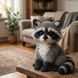 May include: A handmade raccoon soft toy with a grey and white body, black mask, and striped tail. The plush is sitting on a wooden table in a living room. The raccoon is approximately 25 cm tall.