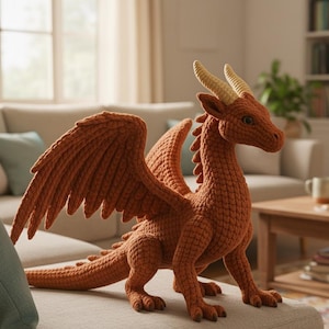 May include: A large, orange crocheted dragon with detailed wings, horns, and a long tail. The handmade fantasy creature is posed on a sofa, showcasing its textured design. The dragon's eyes are visible, and the horns are a lighter shade.