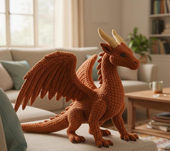 Amigurumi Dragon Crochet Pattern | Realistic Fantasy Plush Toy | Wings & Horns | Velvet Yarn PDF Tutorial