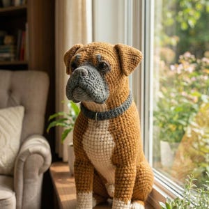 Puede incluir: Figura de perro Boxer de ganchillo con detalles marrones, grises y blancos. El perro est&aacute; sentado en un alf&eacute;izar, con un collar gris. El cuerpo del perro es marr&oacute;n, con pecho y patas blancas. El perro tiene hocico y orejas grises.