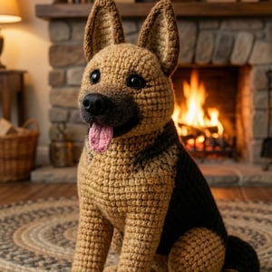 May include: A crocheted German Shepherd dog with tan and black yarn. The dog has a pink tongue sticking out and is sitting on a rug in front of a fireplace. The dog is a handmade item.