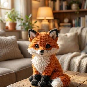 Puede incluir: Un muñeco de zorro tejido a crochet en naranja y blanco, con detalles en negro. El zorro está sentado sobre una mesa de madera. El fondo incluye un sofá, cojines y una estantería, creando un ambiente cálido y acogedor. Un objeto decorativo encantador.
