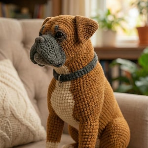 Puede incluir: Figura de perro Boxer hecha a ganchillo. El perro es marr&oacute;n con pecho y patas blancas, hocico y collar grises. Est&aacute; sentado en una silla beige. El perro tiene ojos negros y un peque&ntilde;o collar plateado.