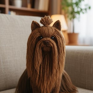 Pode incluir: Uma figura de cão de crochê marrom com cabelo longo e escorrido de fio e um coque. O cão está sentado em um sofá bege. A figura tem olhos pretos e uma longa barba de fio. O corpo do cão é feito de crochê em um padrão detalhado.