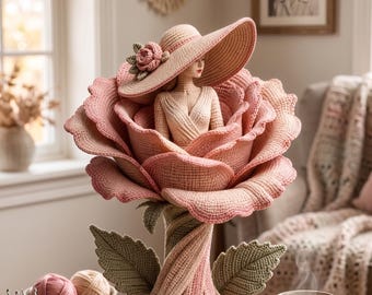 Rose Lady haakpatroon pdf, bloemenpop sculptuur, decor bloeibeeldje, botanische amigurumi-kunst