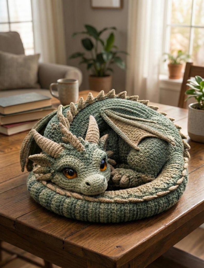 May include: A crocheted dragon sculpture in shades of green and tan, curled up on a wooden table. The dragon has detailed features, including horns, wings, and large orange eyes. The handmade fantasy creature is a decorative item.