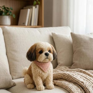 以下が含まれることがあります： ピンクのバンダナをつけたかぎ針編みのシーズー犬の置物が、ベージュのソファに座っています。犬は茶色とクリーム色の毛並みで、濃い茶色の耳をしています。ベージュのニットのスローと枕もソファにあります。