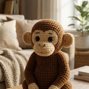 以下が含まれることがあります： 茶色とベージュの色合いの手作りの編みぐるみ猿の人形。 猿は大きな黒い目と笑顔の顔をしています。 木の表面に座っています。 人形は柔らかいおもちゃです。