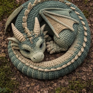 May include: A crocheted dragon in shades of green and tan, curled up on a bed of leaves and moss. The dragon has detailed features, including horns, wings, and scales, and is lying on a bed of leaves and moss.