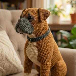 Puede incluir: Figura de perro Boxer de ganchillo con cuerpo marr&oacute;n, pecho y patas blancas, y hocico y collar grises. El perro est&aacute; sentado en una silla beige. Tiene ojos negros y un peque&ntilde;o collar plateado.