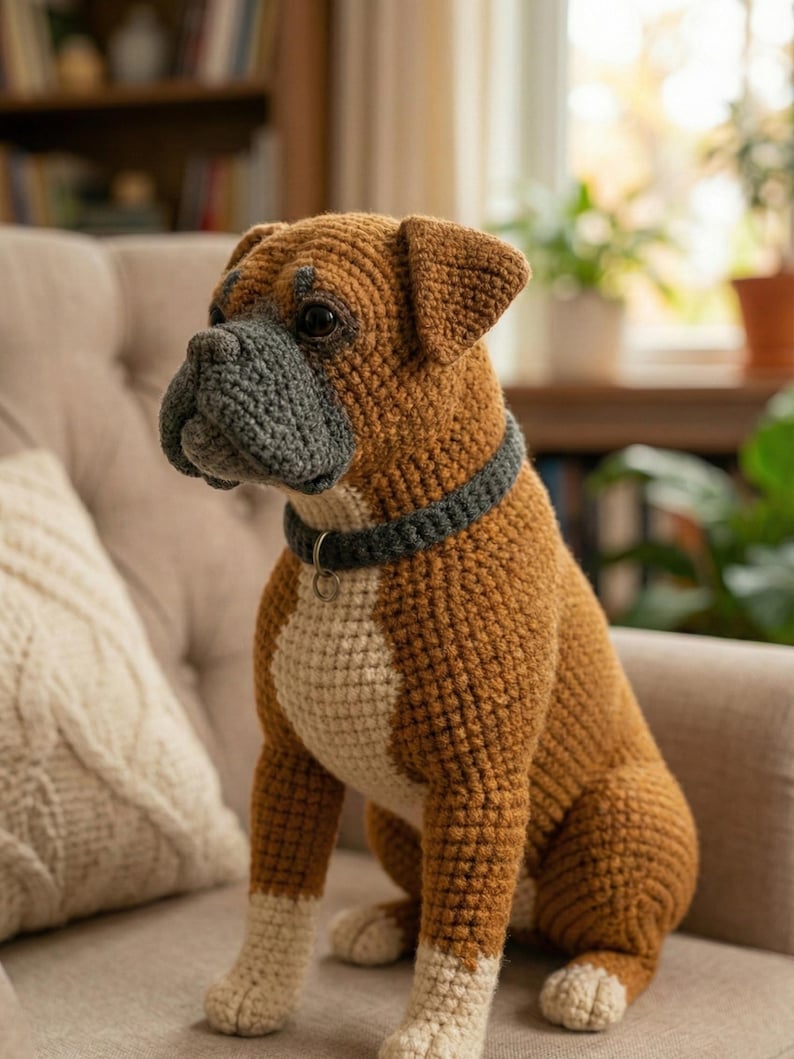 Puede incluir: Figura de perro Boxer de ganchillo con cuerpo marr&oacute;n, pecho y patas blancas, y hocico y collar grises. El perro est&aacute; sentado en una silla beige. Tiene ojos negros y un peque&ntilde;o collar plateado.