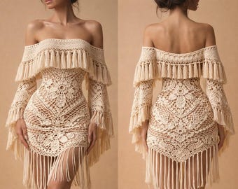 Crochet Fringe Dress Pattern, Off Shoulder Boho Dress PDF, Festival Lace Dress, Beach Cover Up Pattern